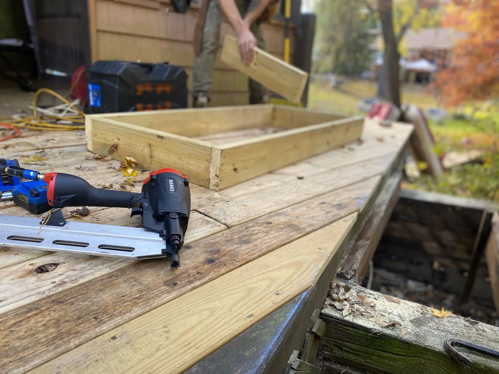 New wooden deck under construction